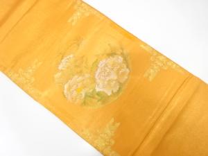 手描き　丸紋に牡丹模様　刺繍　袋帯